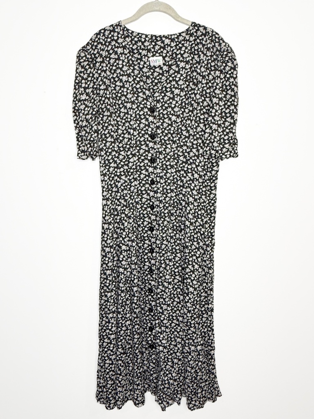 Vintage SMW Style My Way Floral Button Front Midi Maxi Dress Black White